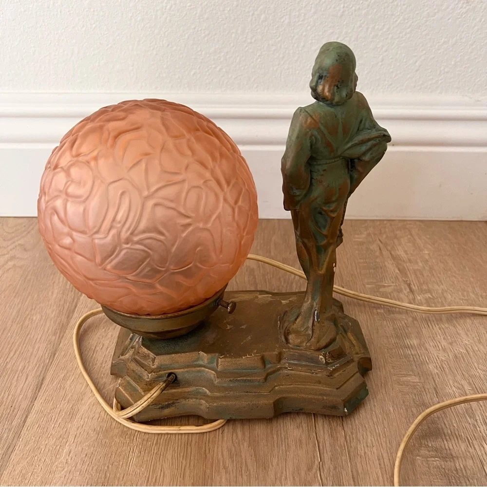 Antique C1920 Art Deco Brass Table Lamp, Women & Textured Pink Glass Globe Shade